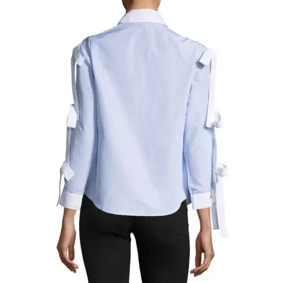 Haute Rogue NWT Blouse Blue & White Striped with Bow Sleeve Top - Picture 2 of 6